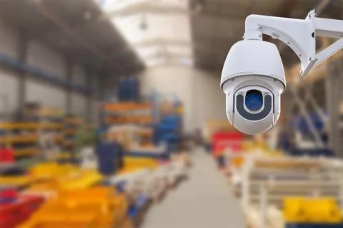 CCTV Camera or surveillance operating inside industrial factory. Copy space. Stock Photos