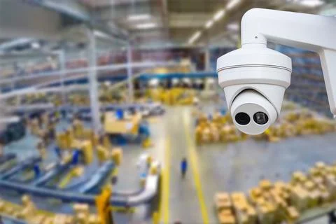 CCTV Camera or surveillance operating inside industrial factory. Stock Photos