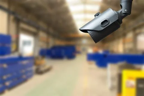 CCTV Camera or surveillance operating inside industrial factory. Copy space. Stock-Fotos