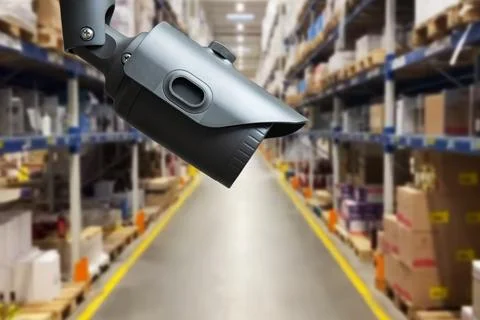 CCTV camera or surveillance operating in store or warehouse. Stock Photos