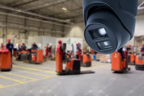 CCTV Camera or surveillance operating inside industrial factory. Stock Photos