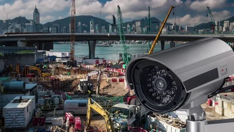 CCTV camera or surveillance system with construction site on blurry background Stock Footage 82956875
