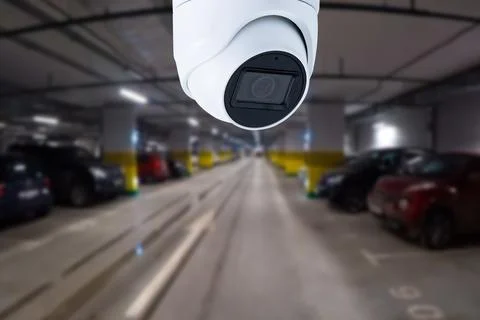 CCTV camera or surveillance system on indoor car parking. Stock Photos
