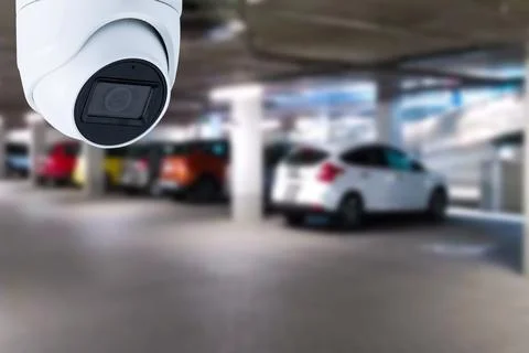 CCTV camera or surveillance system on indoor car parking. Stock Photos