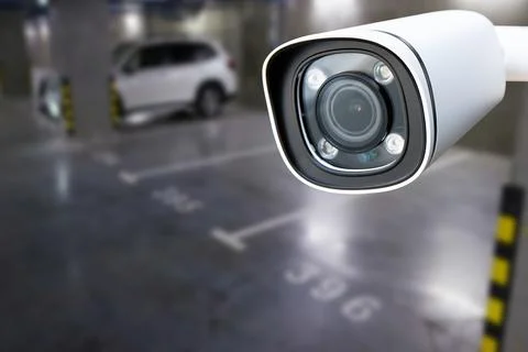 CCTV camera or surveillance system on indoor car parking. Stock Photos