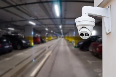 CCTV camera or surveillance system on indoor car parking. Stock Photos