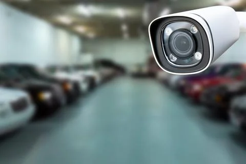 CCTV camera or surveillance system on indoor car parking. Stock Photos