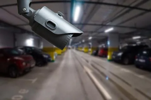 CCTV camera or surveillance system on indoor car parking. Stock Photos