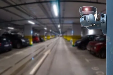 CCTV camera or surveillance system on indoor car parking. Stock Photos