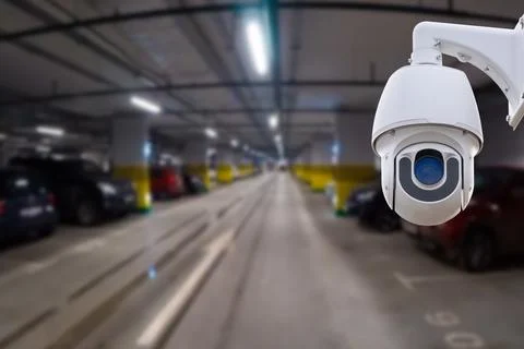 CCTV camera or surveillance system on indoor car parking. Stock Photos