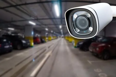 CCTV camera or surveillance system on indoor car parking. Stock Photos