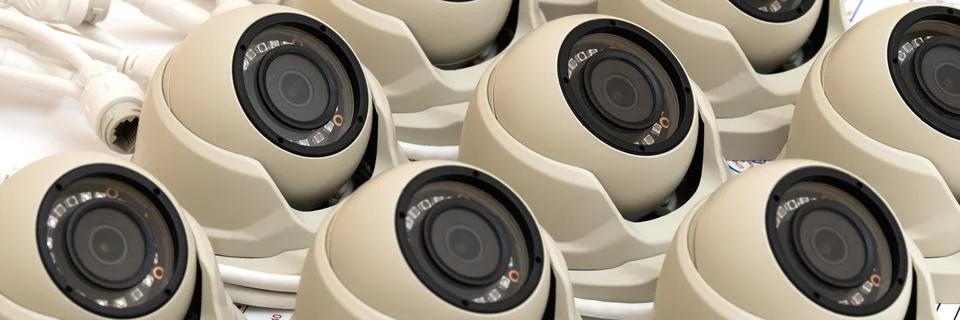CCTV camera recording area, security surveillance system close-up, banner Foto stock