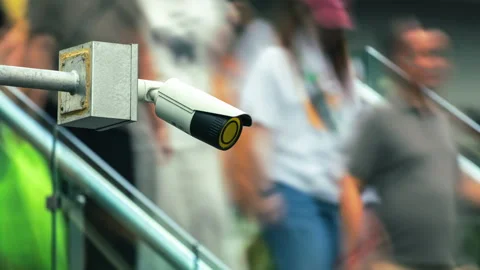 CCTV camera records blurred motion of people on modern escalator urban public Stock Footage 316089873