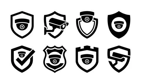 CCTV camera security icons featuring protective shield designs Stock Illustration