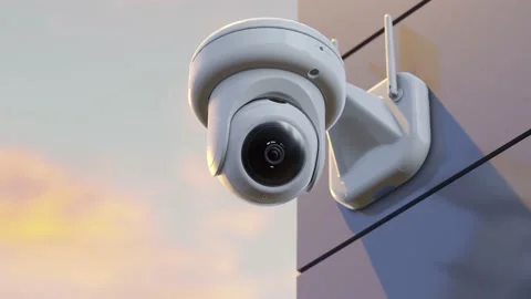 CCTV camera security installed on wall of the building or office Time of sunrise Stock Footage 227975697
