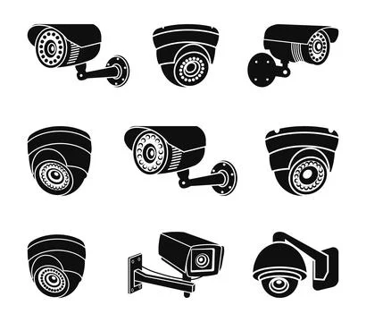 CCTV Camera sign Silhouette, Security Camera Silhouette Icon for Surveillance Stock Illustration