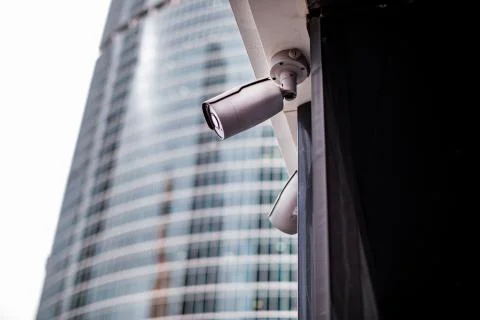 Cctv camera system on wall technology wifi rotation tracking ai system 写真素材