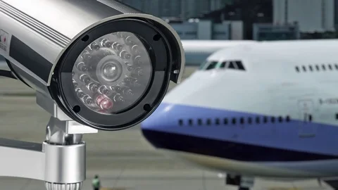 The cctv camera watches as a large passenger plane taxiing to the runway. Video stock 83231742