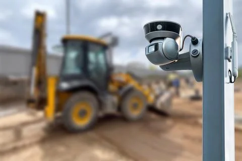 CCTV camera watching an excavator and workers working on a construction site. Stock Photos