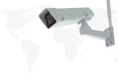 Cctv camera with world map in background Stock Photos