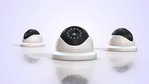 CCTV Cameras on a Light Reflective Floor. Security Cameras 3D Animation. 4K Stock Footage 295803682