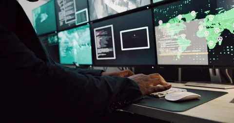 CCTV, computer screen and typing with person in army control room for satellite Stock Footage 303557546