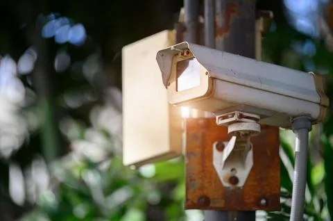 CCTV digital recorder camera in public park. Technology and Security electr.. Stock Photos