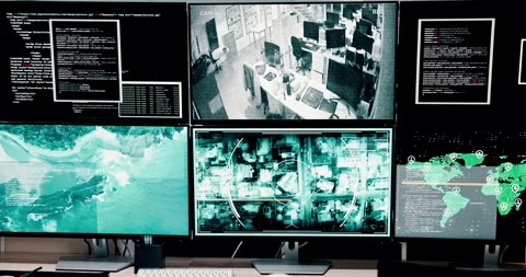 CCTV, display and surveillance with equipment in control room for investigation 스톡 동영상 303556583