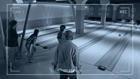 CCTV of Diverse Friends Playing Bowling and Celebrating Stock Footage 337098530