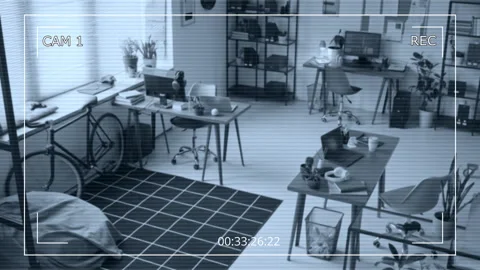 CCTV of Empty Tech Startup Office with Employee Desks and Recreational Area Stock Footage 335936835