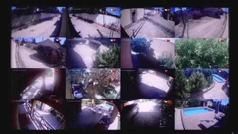 CCTV home security camera system monitor screen with multi split display cl.. Stock Footage 340036179