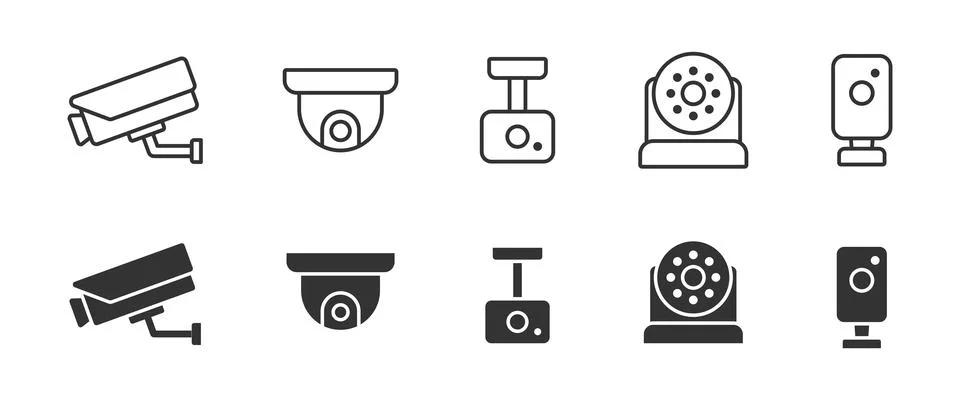 CCTV icon set. Different types of surveillance cameras for security and mon.. Stock Illustration