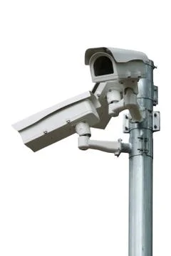 CCTV mounted on a pole On a white background To check safety Stock Photos