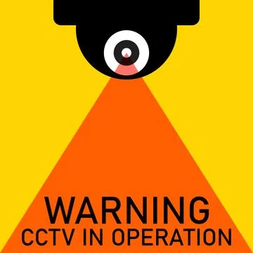 Cctv in operation warning sign. Security video round camera surveillance. Stock Illustration