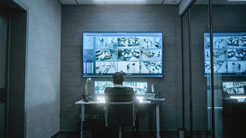 CCTV operator works with security cameras on computer in monitoring center Foto stock