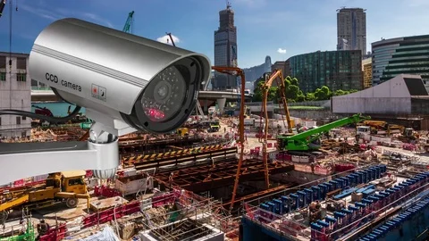 CCTV or surveillance operating over construction site, rush timelapse Stock Footage 83231586