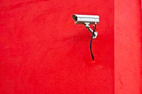 CCTV on red wall. Stock Photos