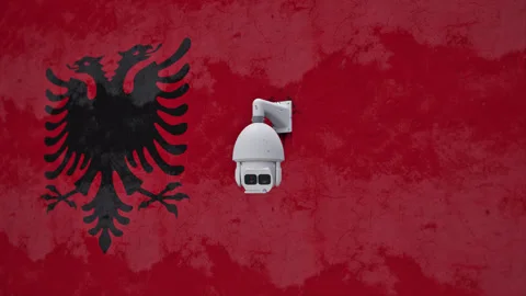 CCTV Security Camera And  Albania Flag Printed Wall Stock Footage 314794123