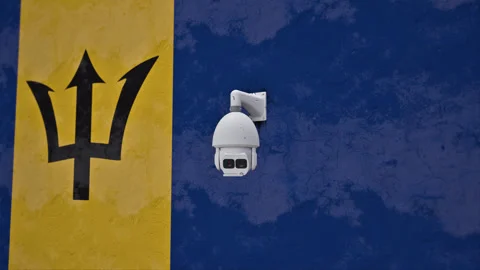 CCTV Security Camera And  Barbados Flag Printed Wall Stock Footage 314794458