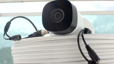 CCTV - Security camera and cable roll ready for installation, ensuring effi.. Video stock 261098146