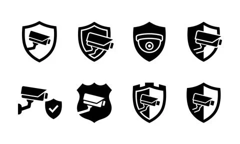 CCTV security camera and protective shield icon set 스톡 일러스트