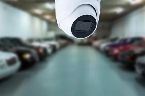 CCTV security camera on blur car parking. Copy space. Stock Photos
