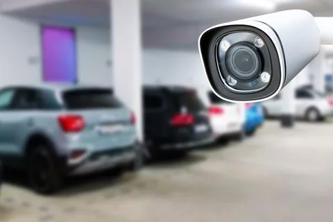 CCTV security camera on blur car parking. Copy space. Stock Photos