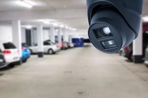 CCTV security camera on blur car parking. Stock Photos