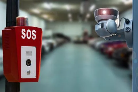 CCTV security camera on blur car parking.Parking security system. Stock Photos