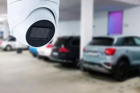 CCTV security camera on blur car parking. Copy space. Stock Photos