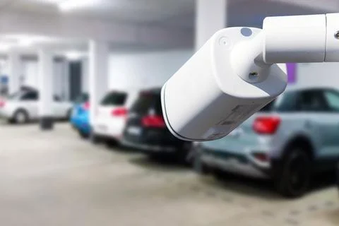 CCTV security camera on blur car parking. Copy space. Stock Photos