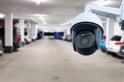 CCTV security camera on blur car parking. Stock Photos