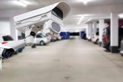 CCTV security camera on blur car parking. Stock Photos
