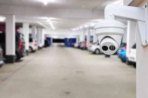 CCTV security camera on blur car parking. Stock Photos